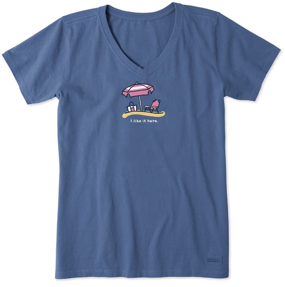 Life is Good Top Womens M Beach Blue V-Neck I like it Here Short Sleeve Cotton